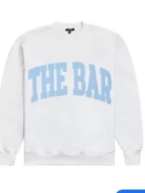 THE BAR Varsity Sweatshirt White Blue Logo Pullover Crewneck Size Large